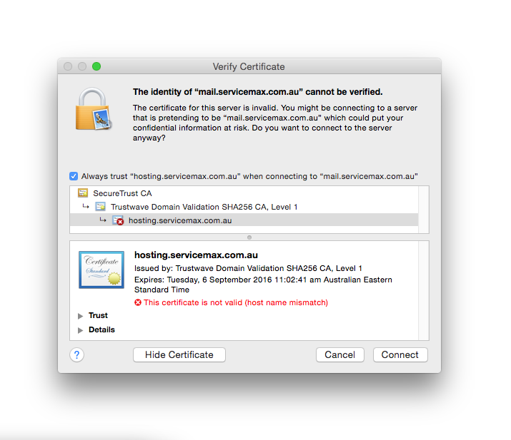 mac mail server certificate invalid